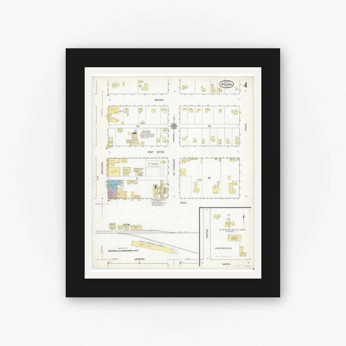 Old map wall art mockup — black gallery frame with white mat — Sanborn Fire Insurance Map from Weimar, Colorado County, Texas (1912), Sheet #0004