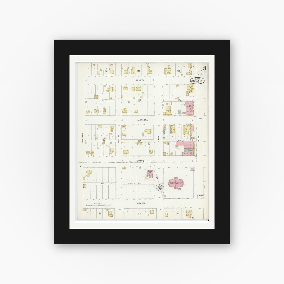 Old map wall art mockup — black gallery frame with white mat — Sanborn Fire Insurance Map from Groesbeck, Limestone County, Texas (1896), Sheet #0003
