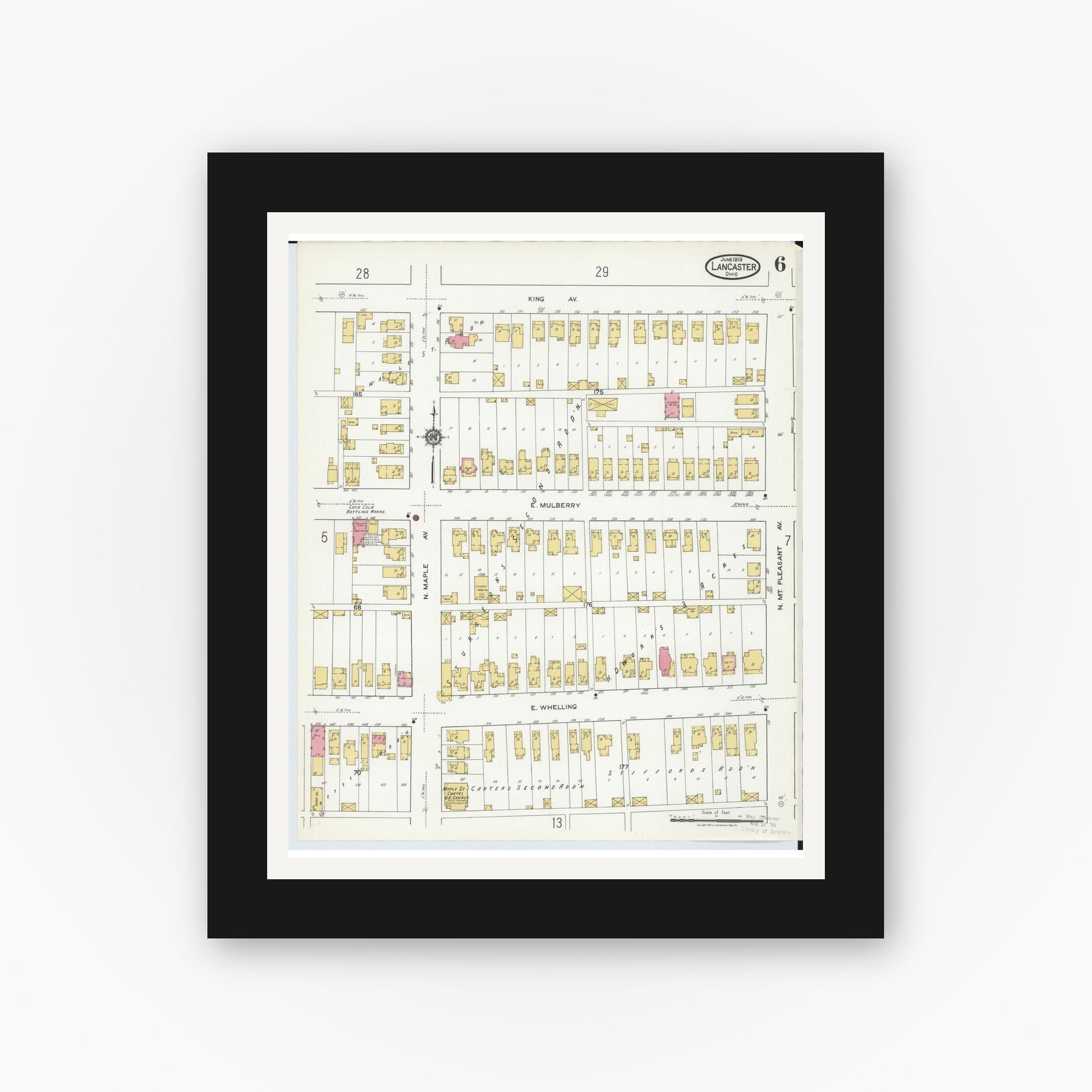 Old map wall art mockup — black gallery frame with white mat — Sanborn Fire Insurance Map from Lancaster, Fairfield County, Ohio (1919), Sheet #0006