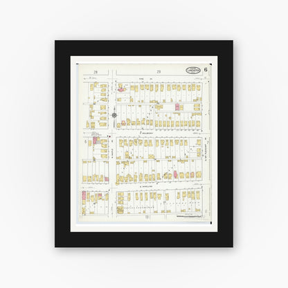 Old map wall art mockup — black gallery frame with white mat — Sanborn Fire Insurance Map from Lancaster, Fairfield County, Ohio (1919), Sheet #0006