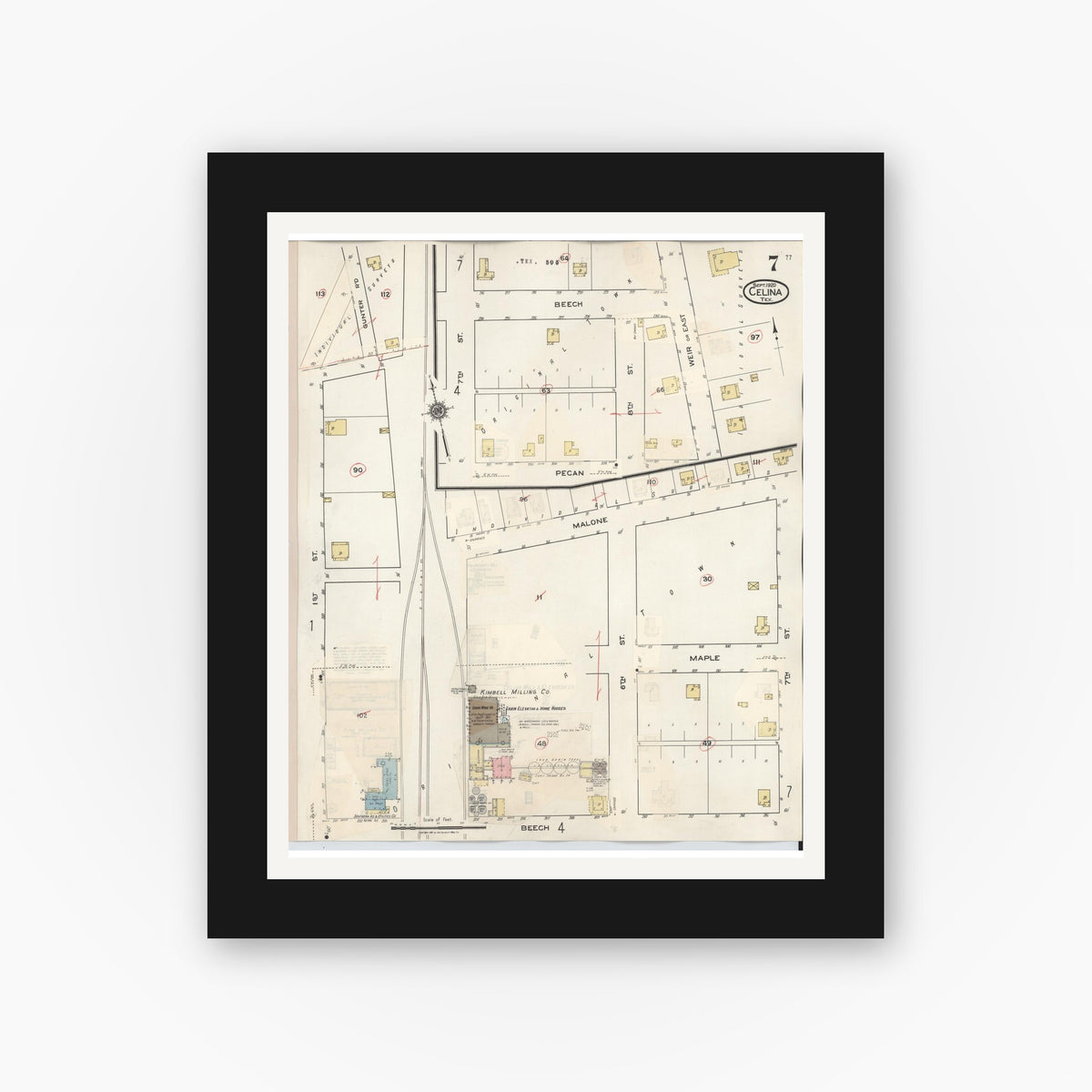 Old map wall art mockup — black gallery frame with white mat — Sanborn Fire Insurance Map from Celina, Collin County, Texas (1944), Sheet #0007