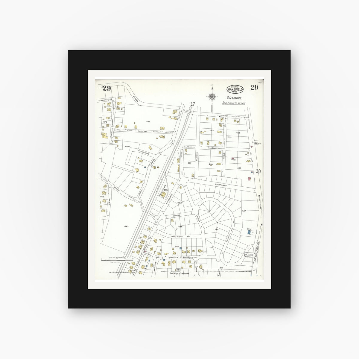 Old map wall art mockup — black gallery frame with white mat — Sanborn Fire Insurance Map from Wakefield, Middlesex County, Massachusetts (1923), Sheet #0029