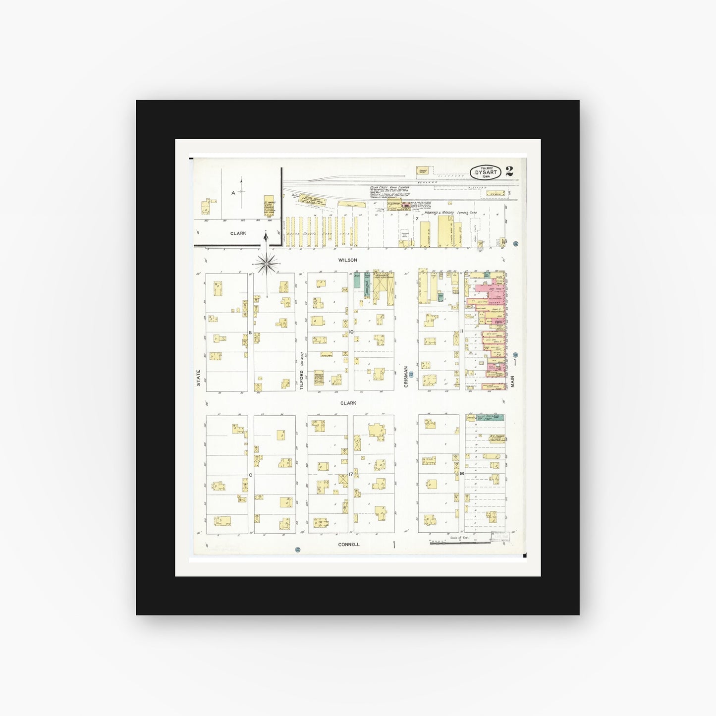 Old map wall art mockup — black gallery frame with white mat — Sanborn Fire Insurance Map from Dysart, Tama County, Iowa (1902), Sheet #0002