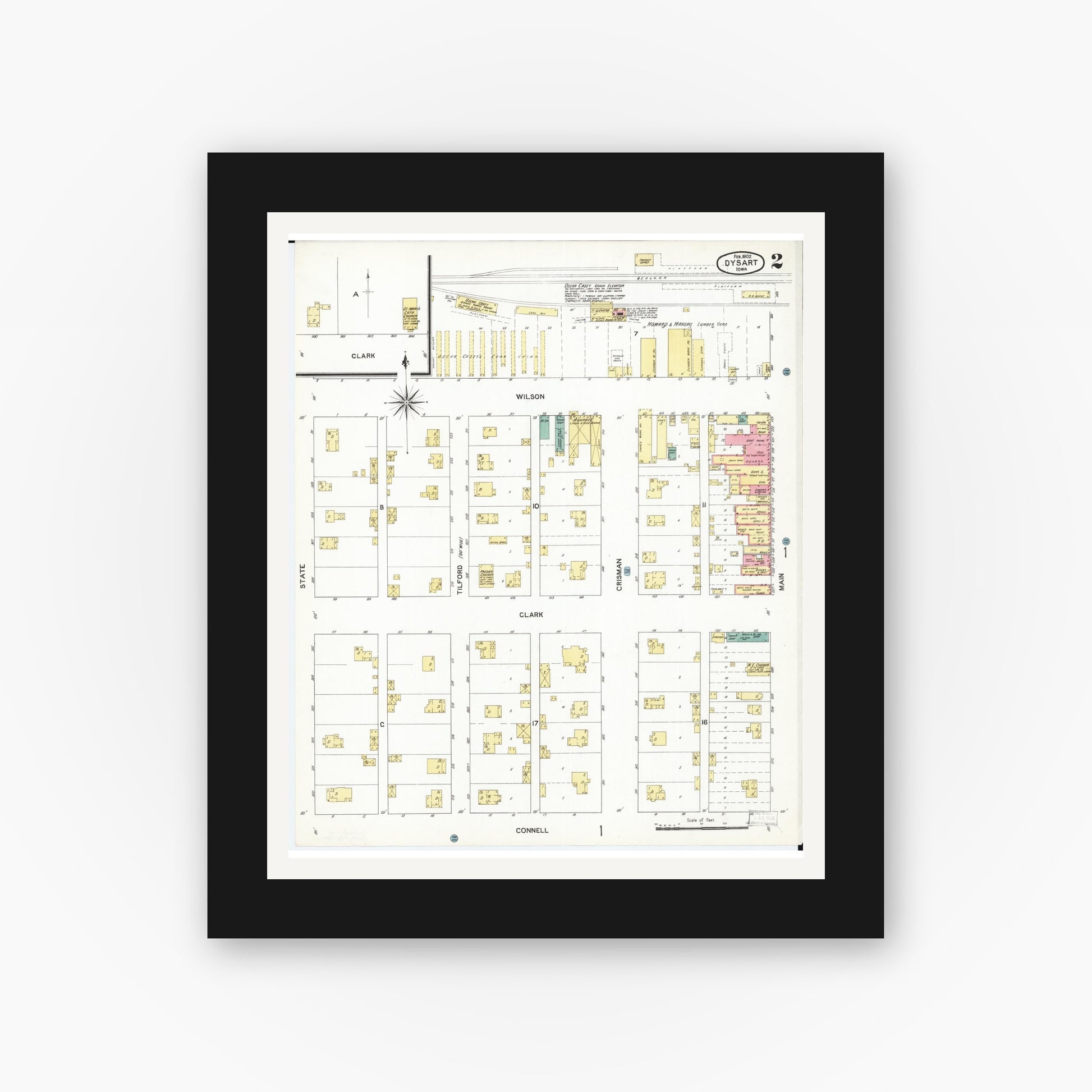 Old map wall art mockup — black gallery frame with white mat — Sanborn Fire Insurance Map from Dysart, Tama County, Iowa (1902), Sheet #0002
