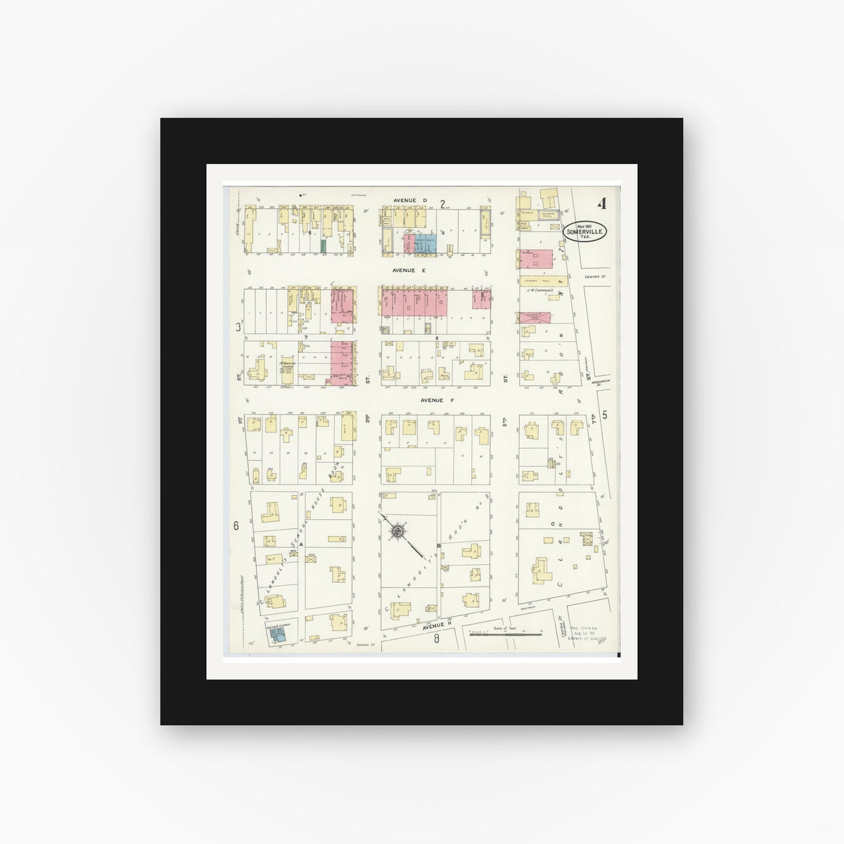 Old map wall art mockup — black gallery frame with white mat — Sanborn Fire Insurance Map from Somerville, Burleson County, Texas (1910), Sheet #0004