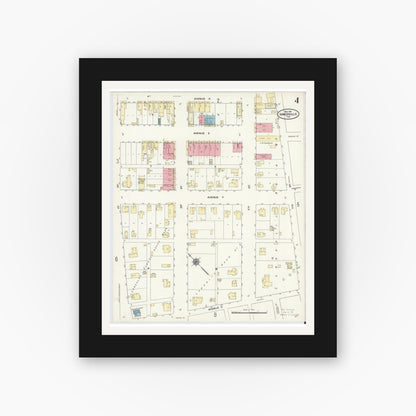 Old map wall art mockup — black gallery frame with white mat — Sanborn Fire Insurance Map from Somerville, Burleson County, Texas (1910), Sheet #0004