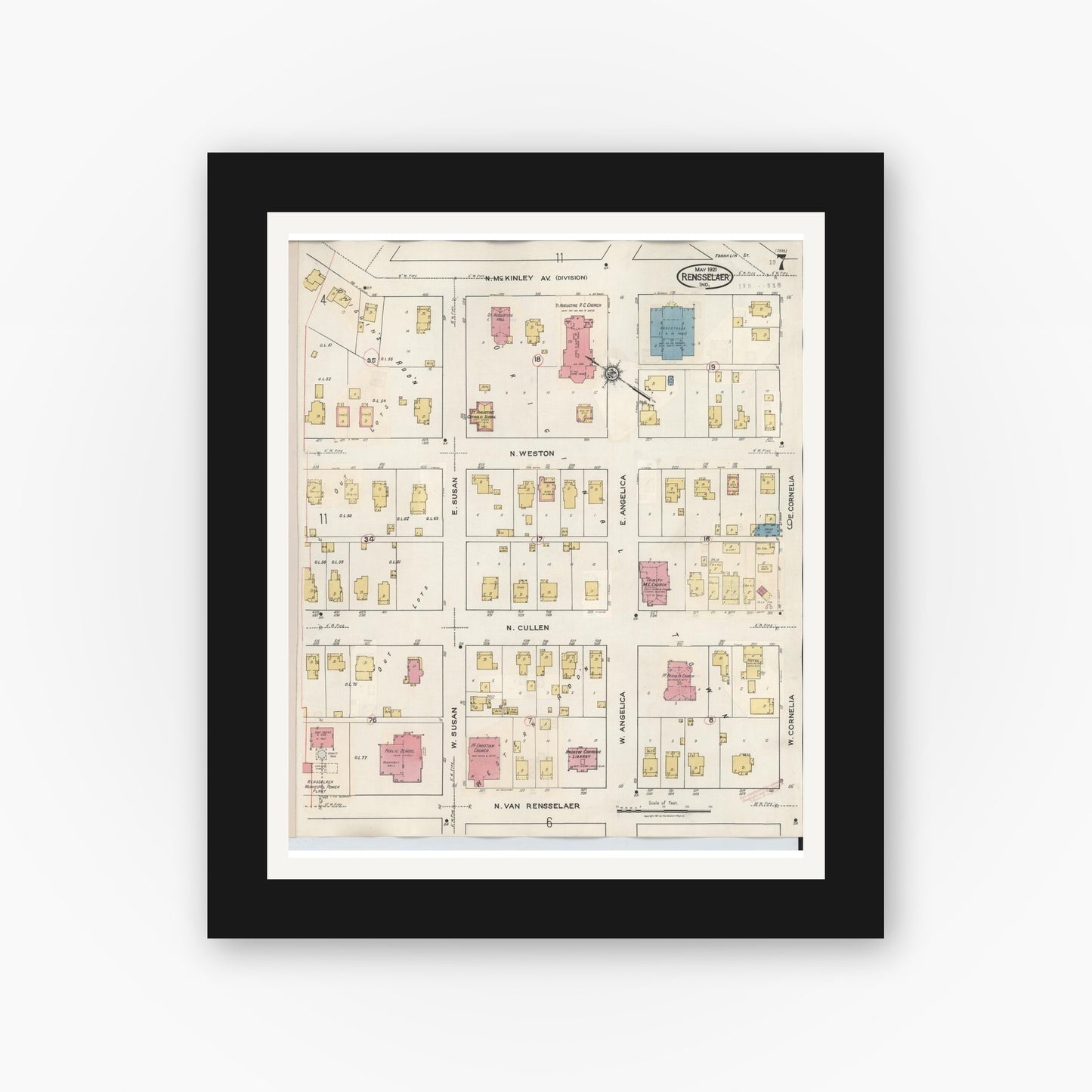Old map wall art mockup — black gallery frame with white mat — Sanborn Fire Insurance Map from Rensselaer, Jasper County, Indiana (1942), Sheet #0007