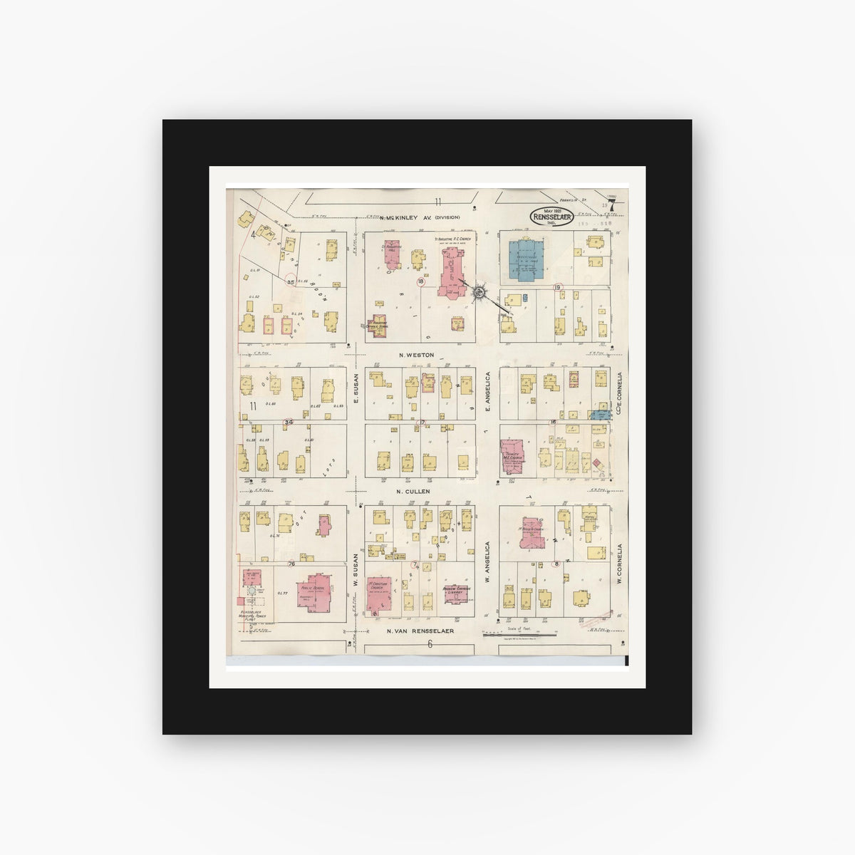 Old map wall art mockup — black gallery frame with white mat — Sanborn Fire Insurance Map from Rensselaer, Jasper County, Indiana (1942), Sheet #0007