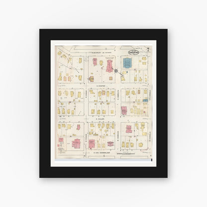 Old map wall art mockup — black gallery frame with white mat — Sanborn Fire Insurance Map from Rensselaer, Jasper County, Indiana (1942), Sheet #0007