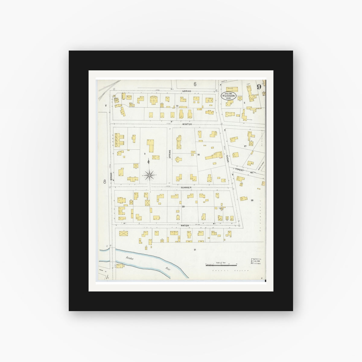 Old map wall art mockup — black gallery frame with white mat — Sanborn Fire Insurance Map from Hudson, Middlesex County, Massachusetts (1903), Sheet #0008