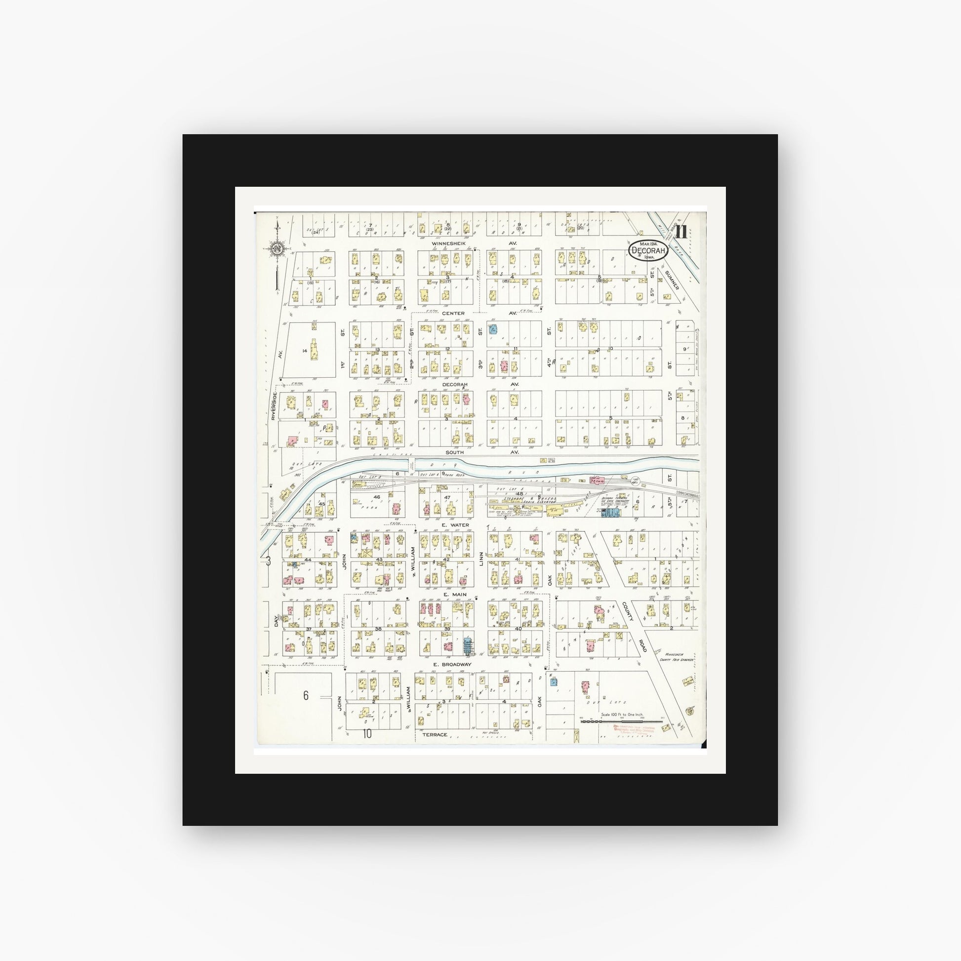Old map wall art mockup — black gallery frame with white mat — Sanborn Fire Insurance Map from Decorah, Winneshiek County, Iowa (1914), Sheet #0011