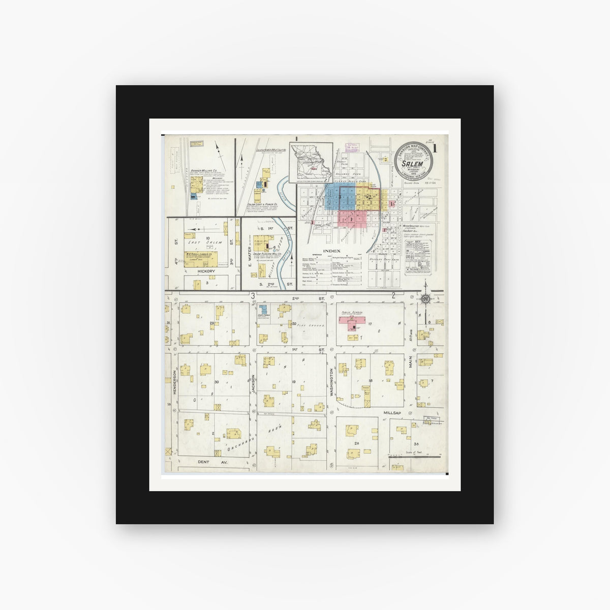 Old map wall art mockup — black gallery frame with white mat — Sanborn Fire Insurance Map from Salem, Dent County, Missouri (1916) - Complete Map Set