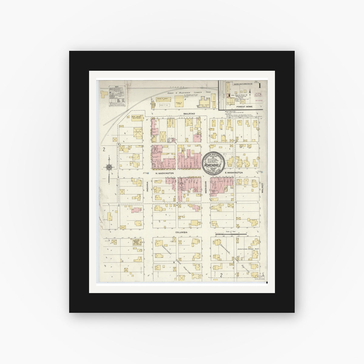 Old map wall art mockup — black gallery frame with white mat — Sanborn Fire Insurance Map from Roachdale, Putnam County, Indiana (1910), Sheet #0001