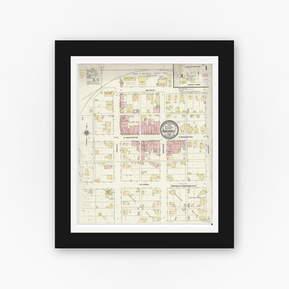 Old map wall art mockup — black gallery frame with white mat — Sanborn Fire Insurance Map from Roachdale, Putnam County, Indiana (1910), Sheet #0001