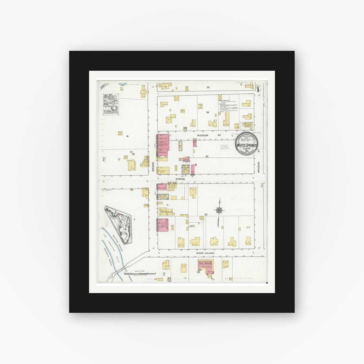 Old map wall art mockup — black gallery frame with white mat — Sanborn Fire Insurance Map from White Springs, Hamilton County, Florida (1920), Sheet #0001