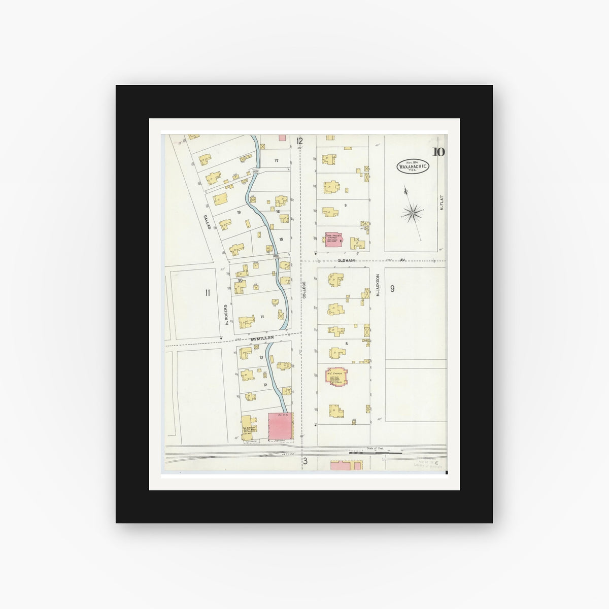 Old map wall art mockup — black gallery frame with white mat — Sanborn Fire Insurance Map from Waxahachie, Ellis County, Texas (1904), Sheet #0010