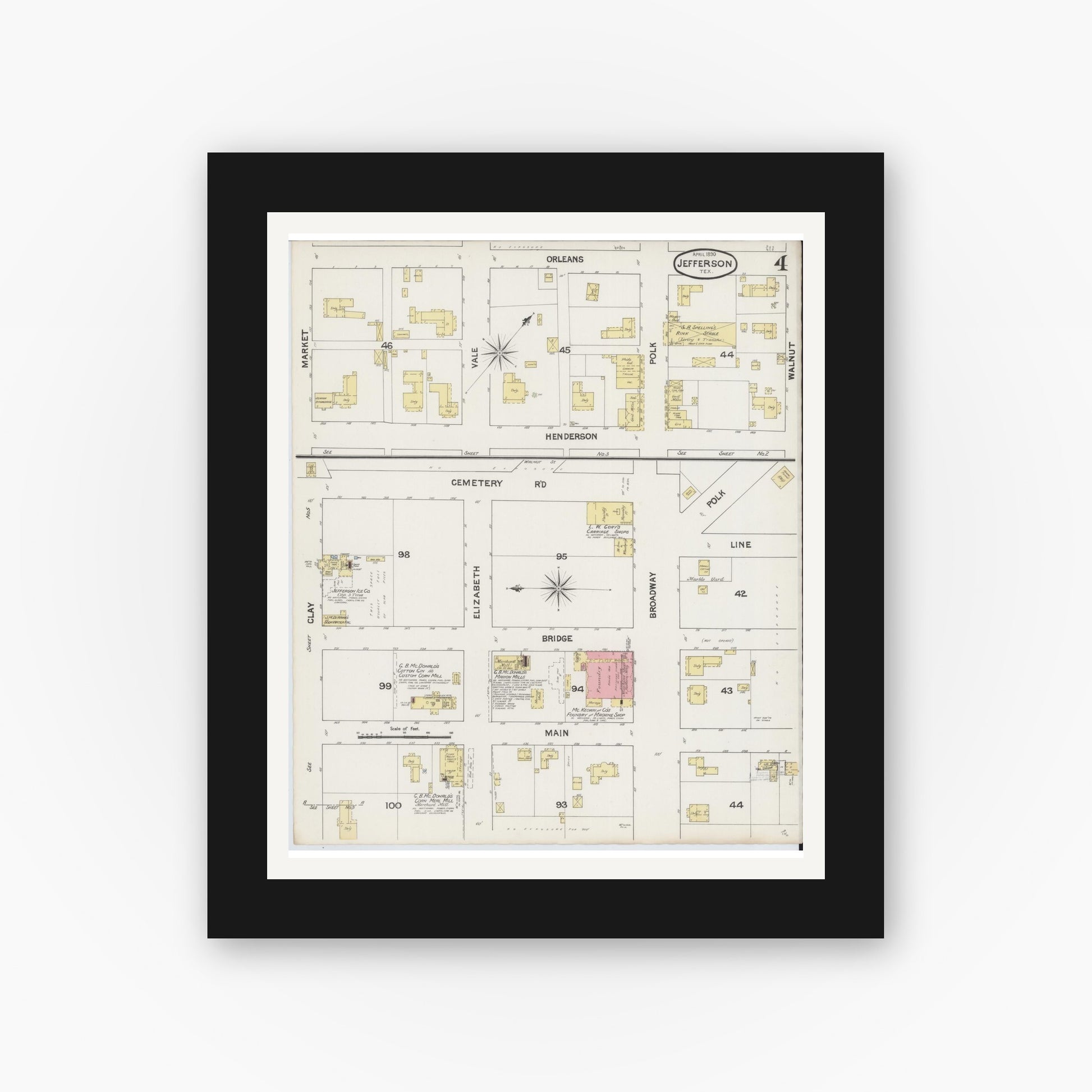 Old map wall art mockup — black gallery frame with white mat — Sanborn Fire Insurance Map from Jefferson, Marion County, Texas (1890), Sheet #0004