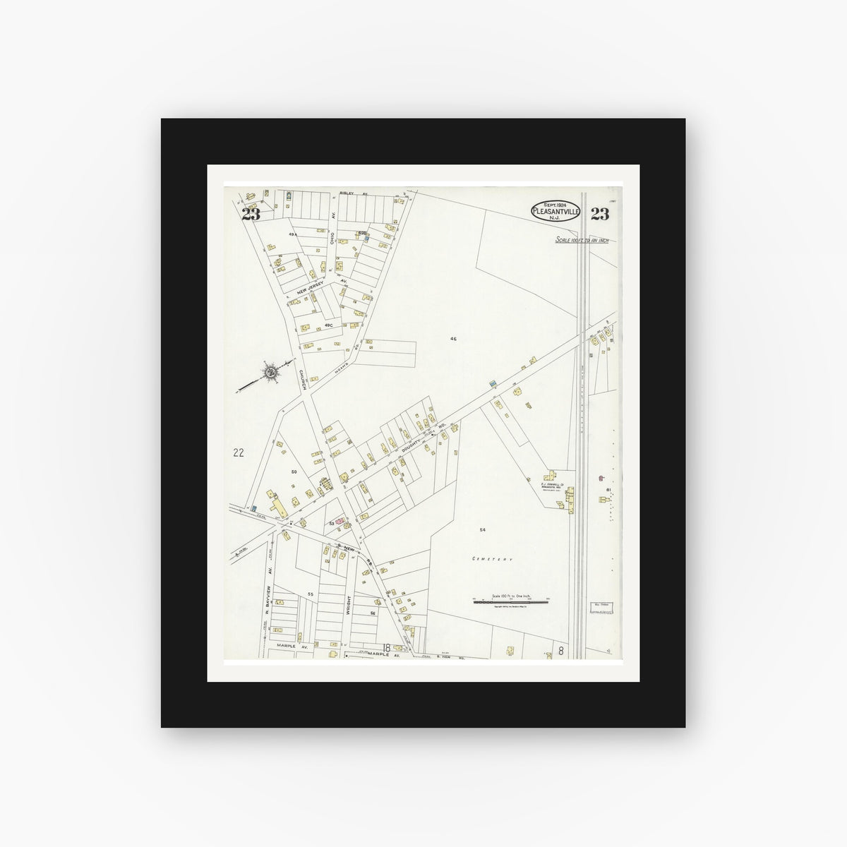 Old map wall art mockup — black gallery frame with white mat — Sanborn Fire Insurance Map from Pleasantville, Atlantic County, New Jersey (1924), Sheet #0023