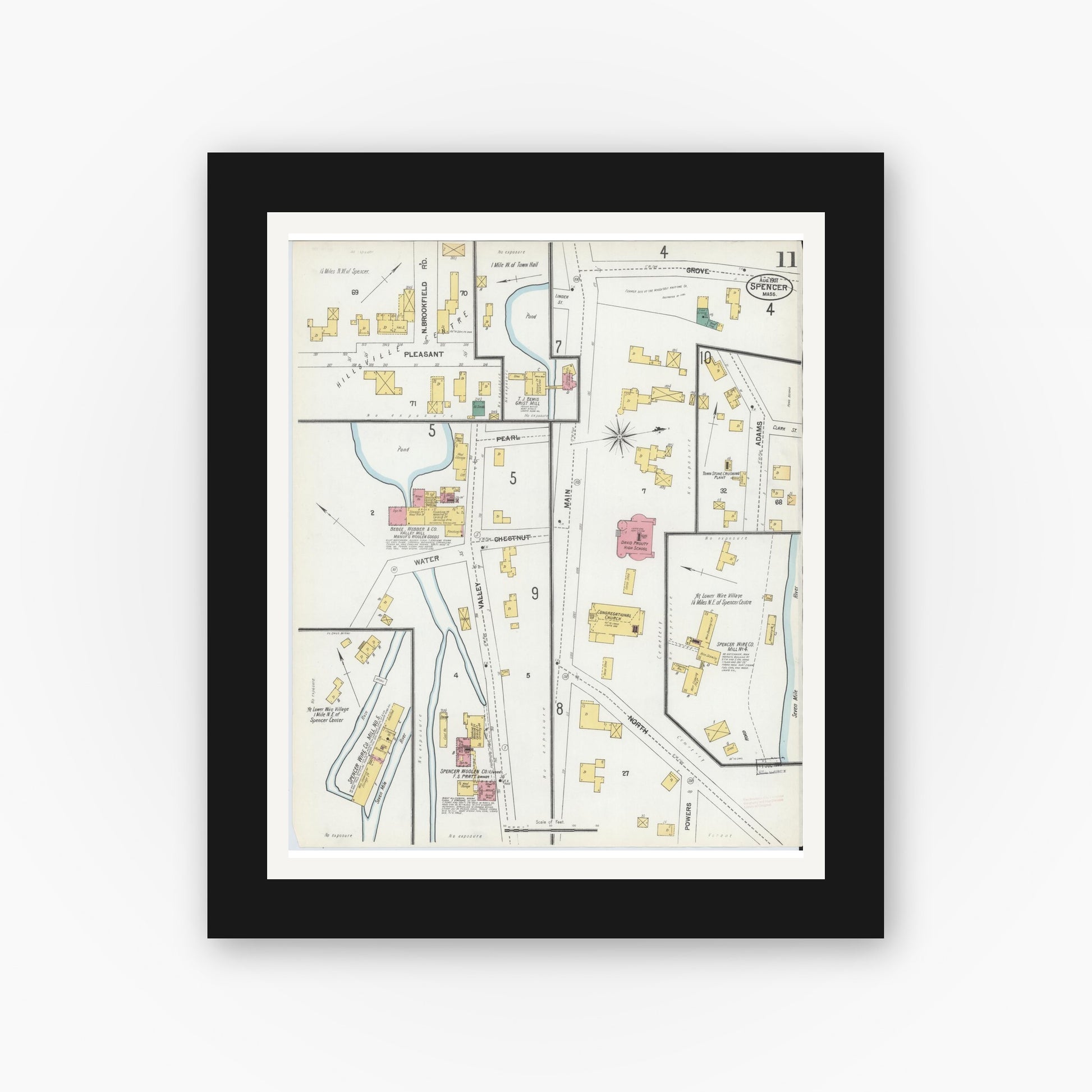 Old map wall art mockup — black gallery frame with white mat — Sanborn Fire Insurance Map from Spencer, Worcester County, Massachusetts (1901), Sheet #0011