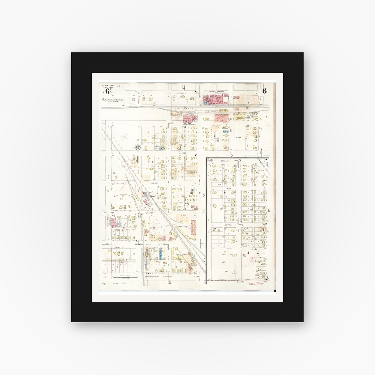Old map wall art mockup — black gallery frame with white mat — Sanborn Fire Insurance Map from Perry, Dallas County, Iowa (1947), Sheet #0006