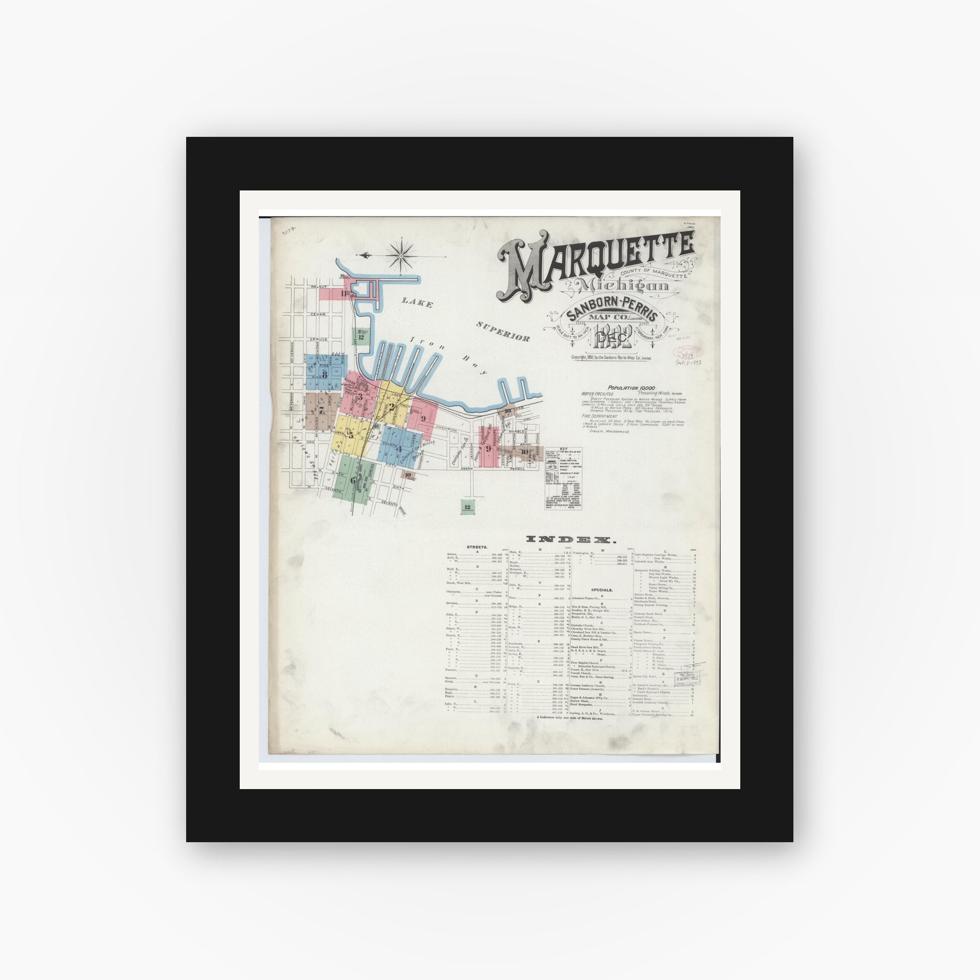 Old map wall art mockup — black gallery frame with white mat — Sanborn Fire Insurance Map from Marquette, Marquette County, Michigan (1892) - Complete Map Set