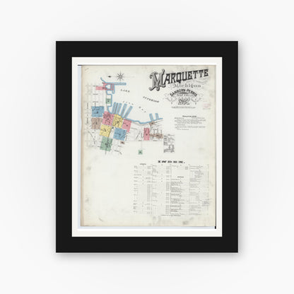 Old map wall art mockup — black gallery frame with white mat — Sanborn Fire Insurance Map from Marquette, Marquette County, Michigan (1892) - Complete Map Set