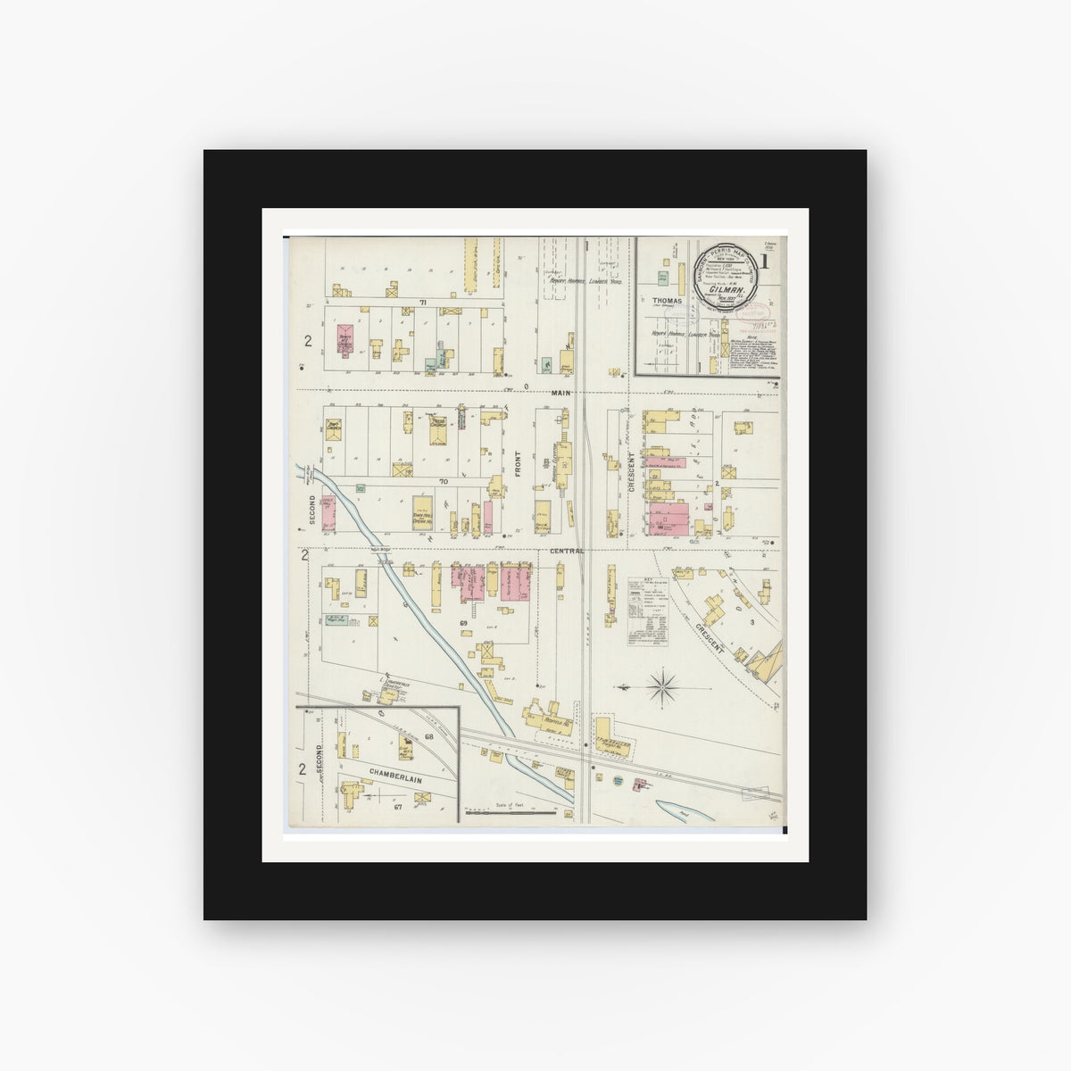 Old map wall art mockup — black gallery frame with white mat — Sanborn Fire Insurance Map from Gilman, Iroquois County, Illinois (1897) - Complete Map Set