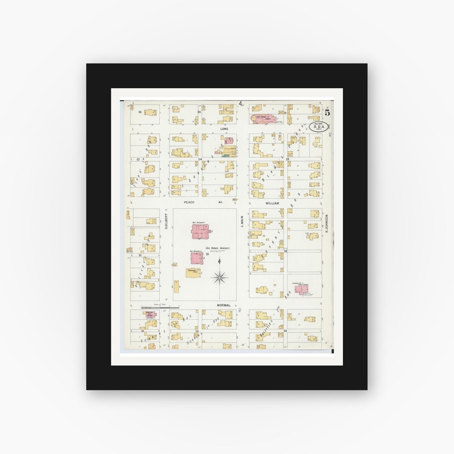 Old map wall art mockup — black gallery frame with white mat — Sanborn Fire Insurance Map from Ada, Hardin County, Ohio (1900), Sheet #0005