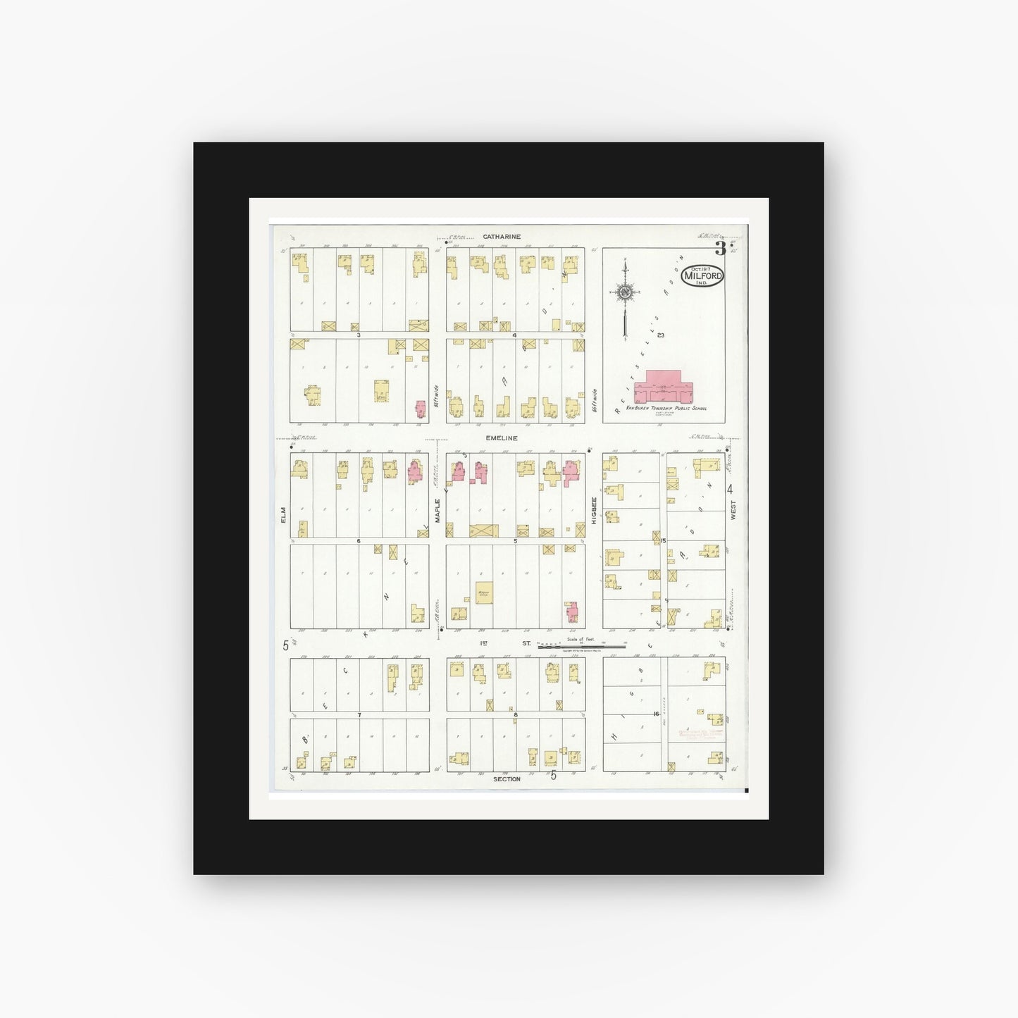 Old map wall art mockup — black gallery frame with white mat — Sanborn Fire Insurance Map from Milford, Kosciusko County, Indiana (1917), Sheet #0003