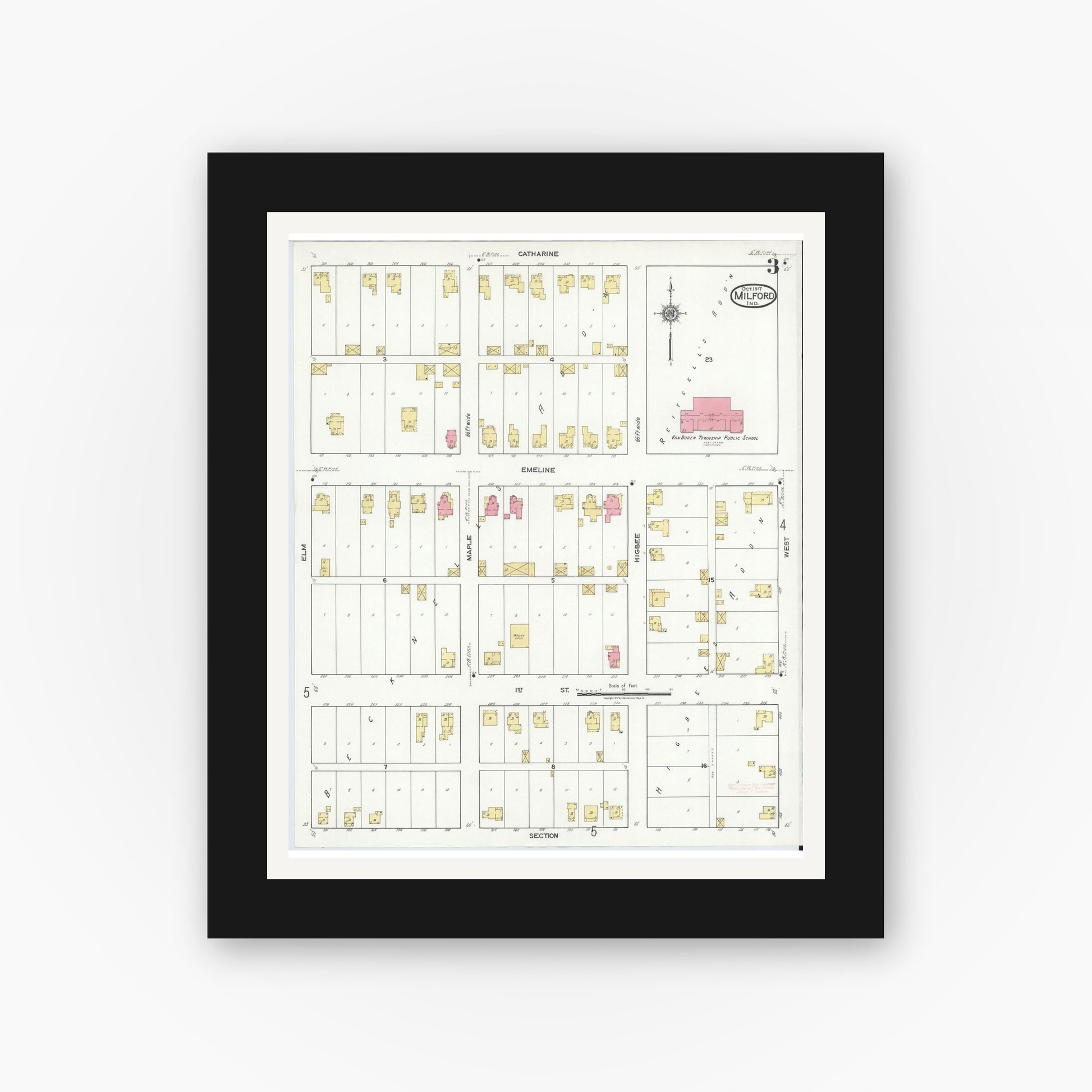 Old map wall art mockup — black gallery frame with white mat — Sanborn Fire Insurance Map from Milford, Kosciusko County, Indiana (1917), Sheet #0003