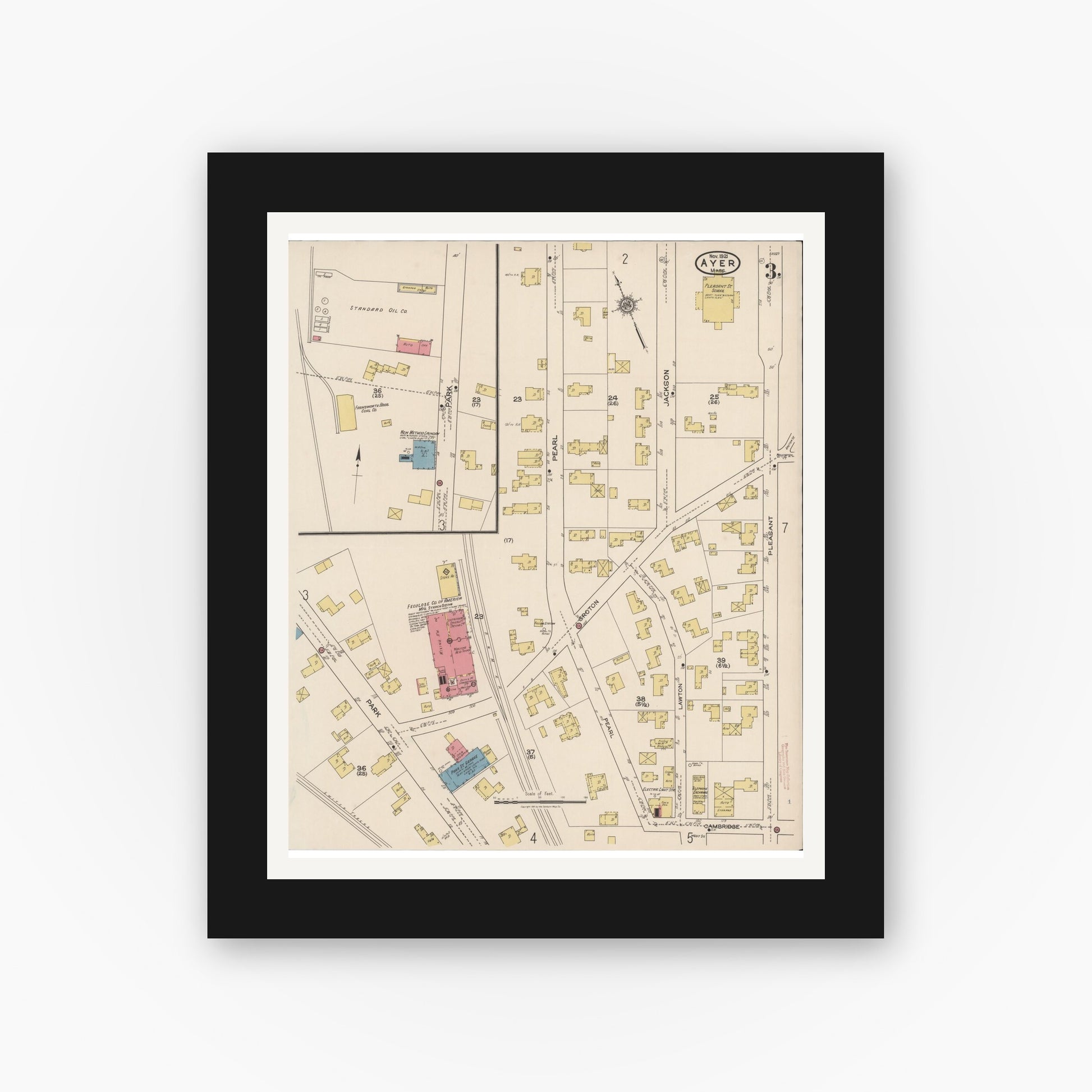 Old map wall art mockup — black gallery frame with white mat — Sanborn Fire Insurance Map from Ayer, Middlesex County, Massachusetts (1921), Sheet #0003