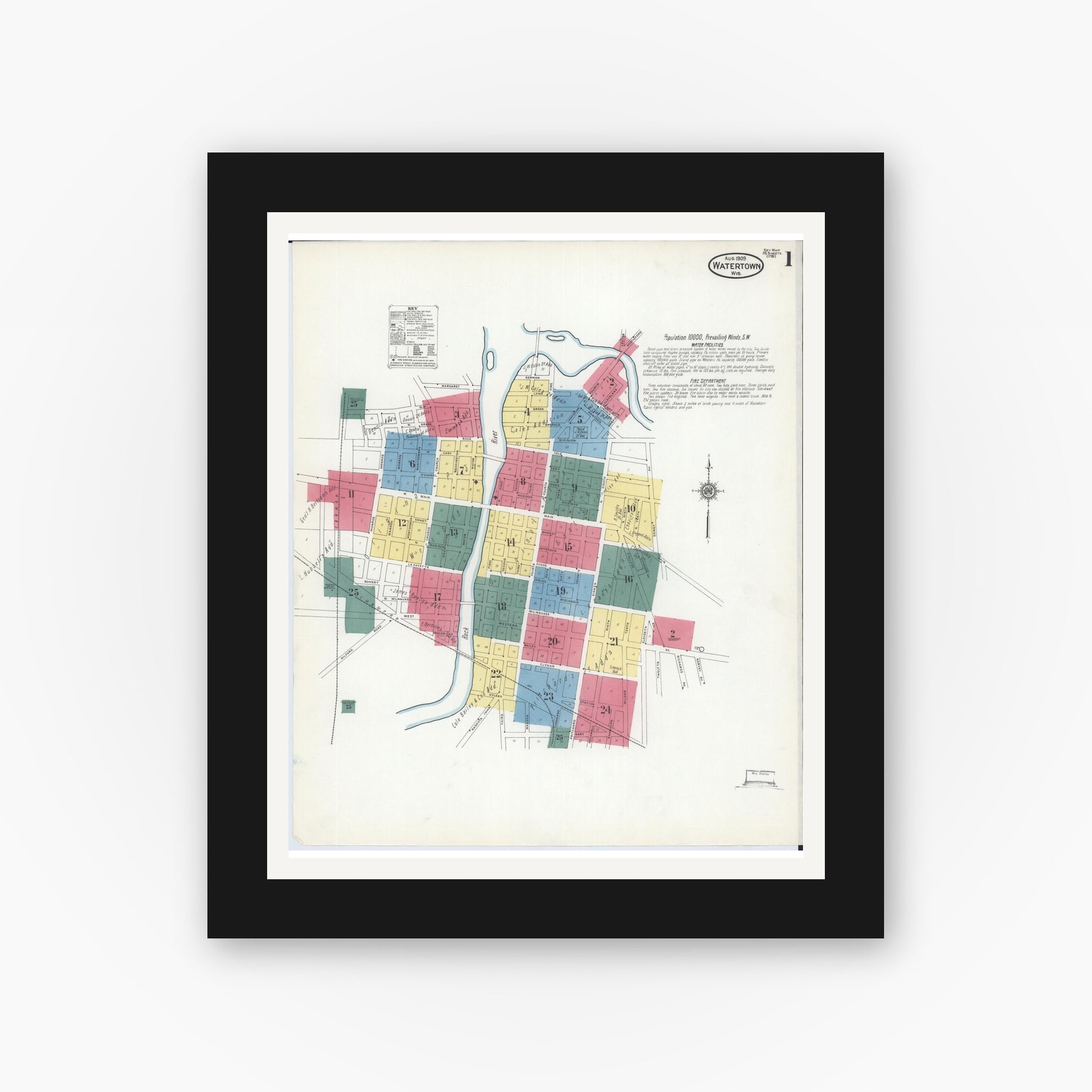 Old map wall art mockup — black gallery frame with white mat — Sanborn Fire Insurance Map from Watertown, Jefferson County, Wisconsin (1909) - Complete Map Set