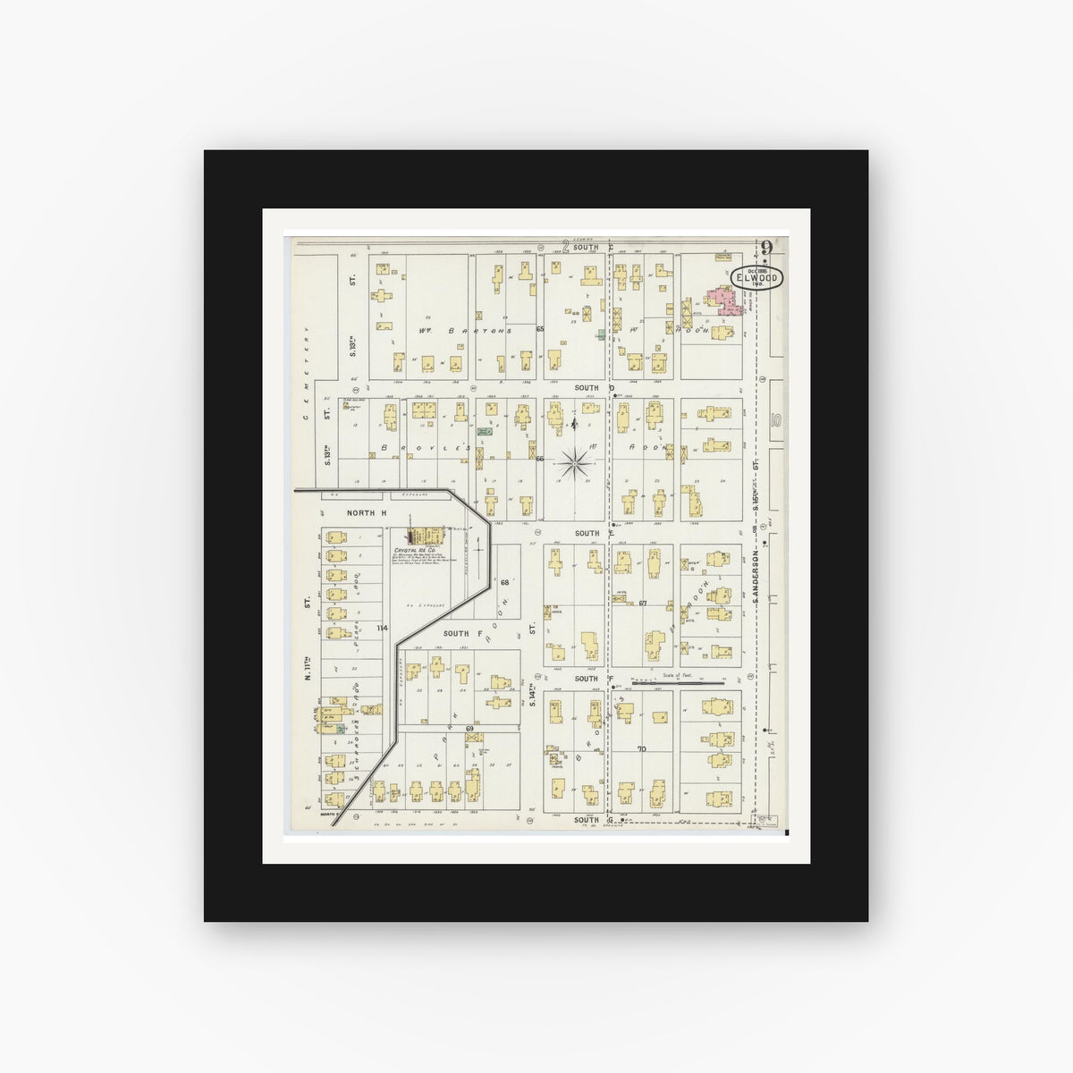 Old map wall art mockup — black gallery frame with white mat — Sanborn Fire Insurance Map from Elwood, Madison County, Indiana (1895), Sheet #0009