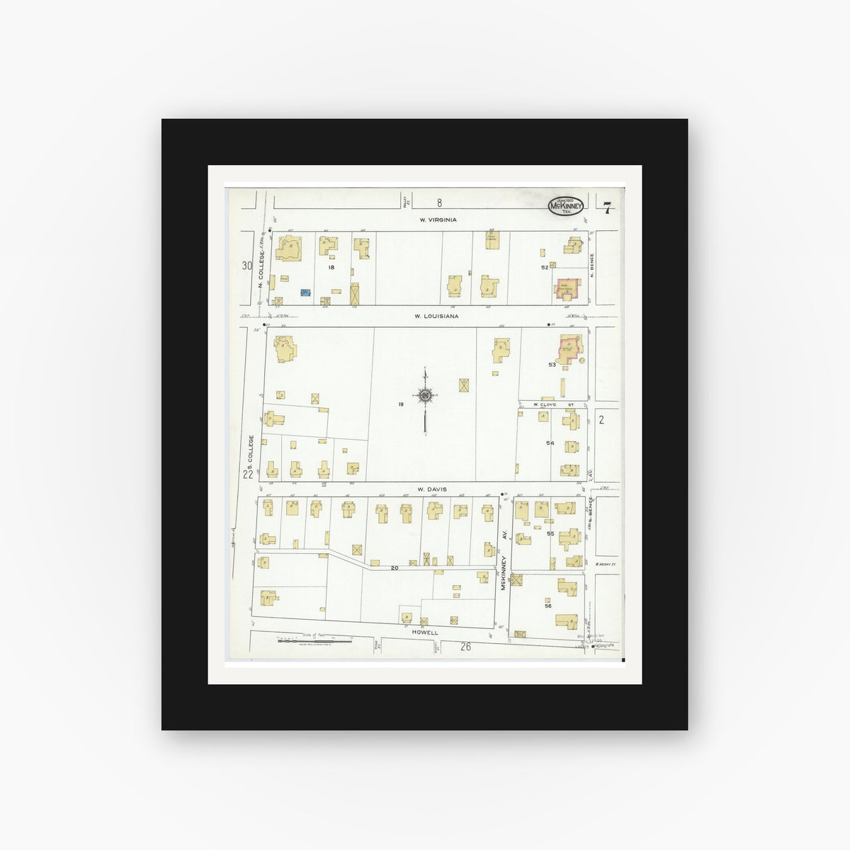 Old map wall art mockup — black gallery frame with white mat — Sanborn Fire Insurance Map from McKinney, Collin County, Texas (1920), Sheet #0007