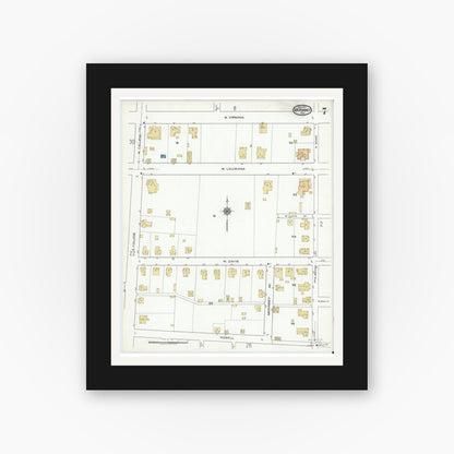 Old map wall art mockup — black gallery frame with white mat — Sanborn Fire Insurance Map from McKinney, Collin County, Texas (1920), Sheet #0007