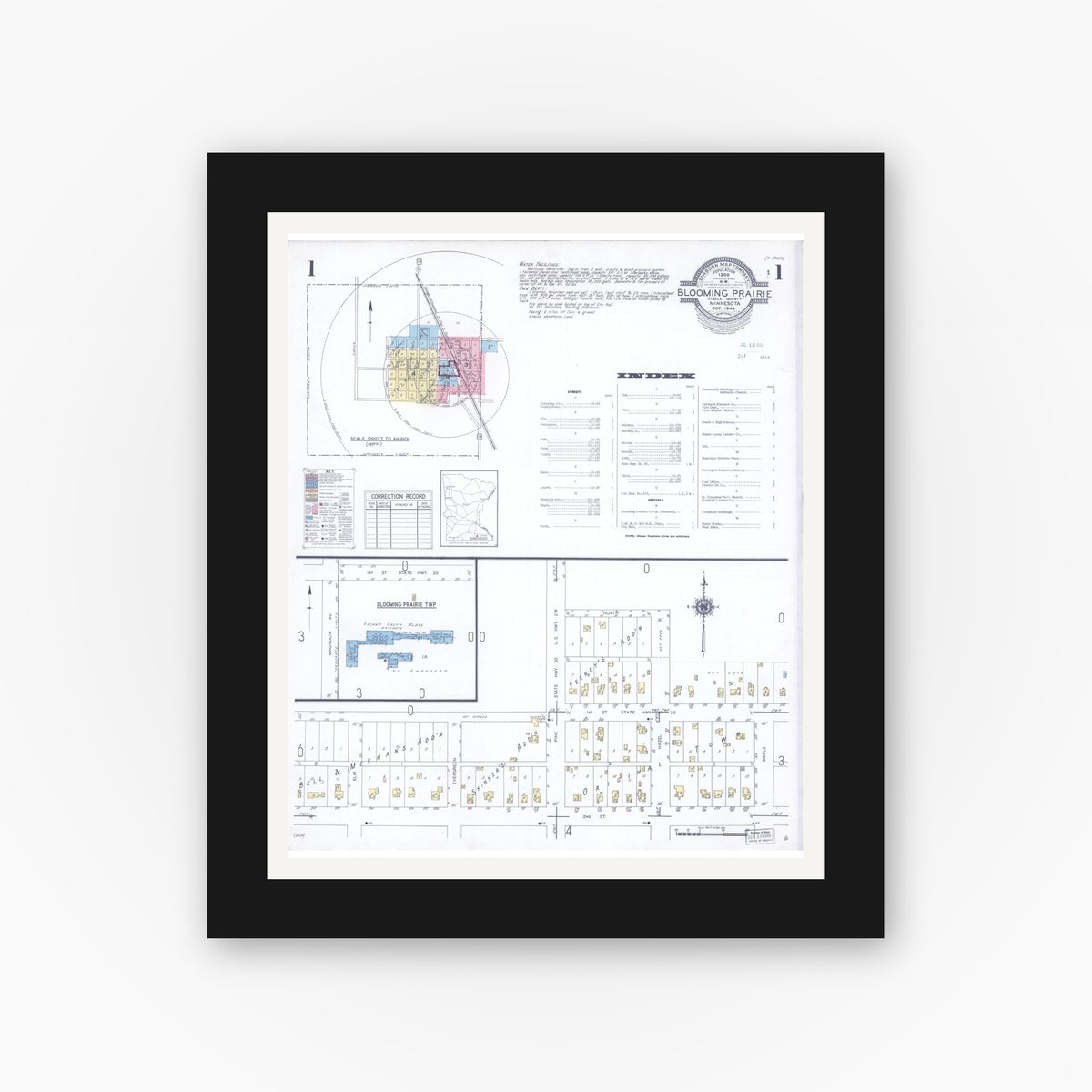 Old map wall art mockup — black gallery frame with white mat — Sanborn Fire Insurance Map from Blooming Prairie, Steele County, Minnesota (1948), Sheet #0001