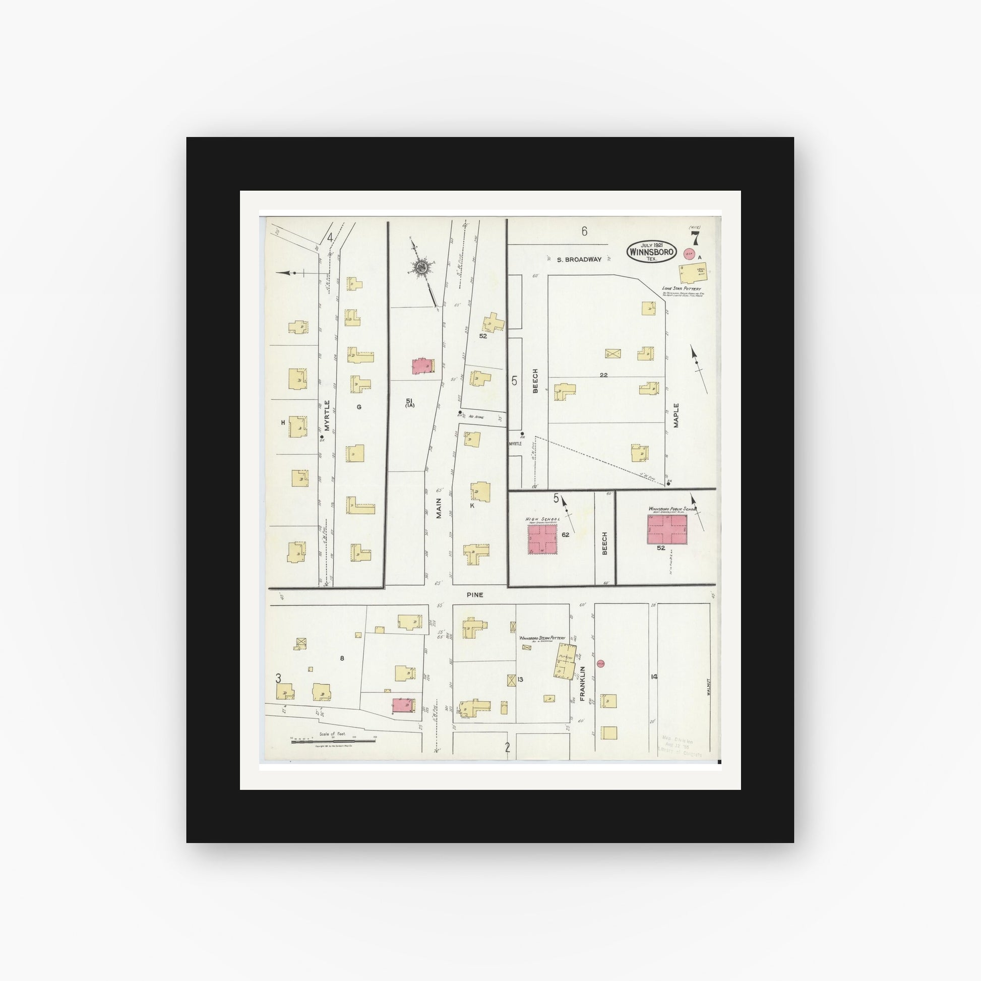 Old map wall art mockup — black gallery frame with white mat — Sanborn Fire Insurance Map from Winnsboro, Wood County, Texas (1921), Sheet #0007