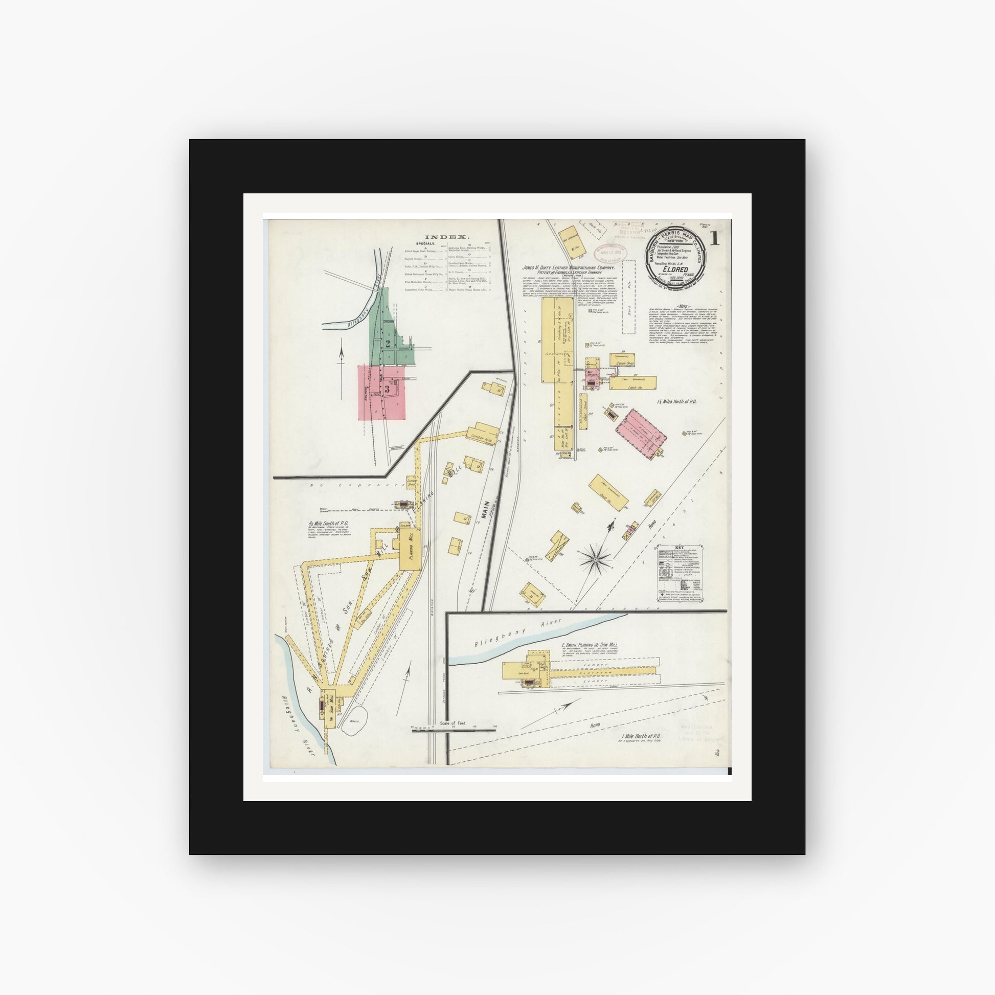 Old map wall art mockup — black gallery frame with white mat — Sanborn Fire Insurance Map from Eldred, McKean County, Pennsylvania (1899), Sheet #0001