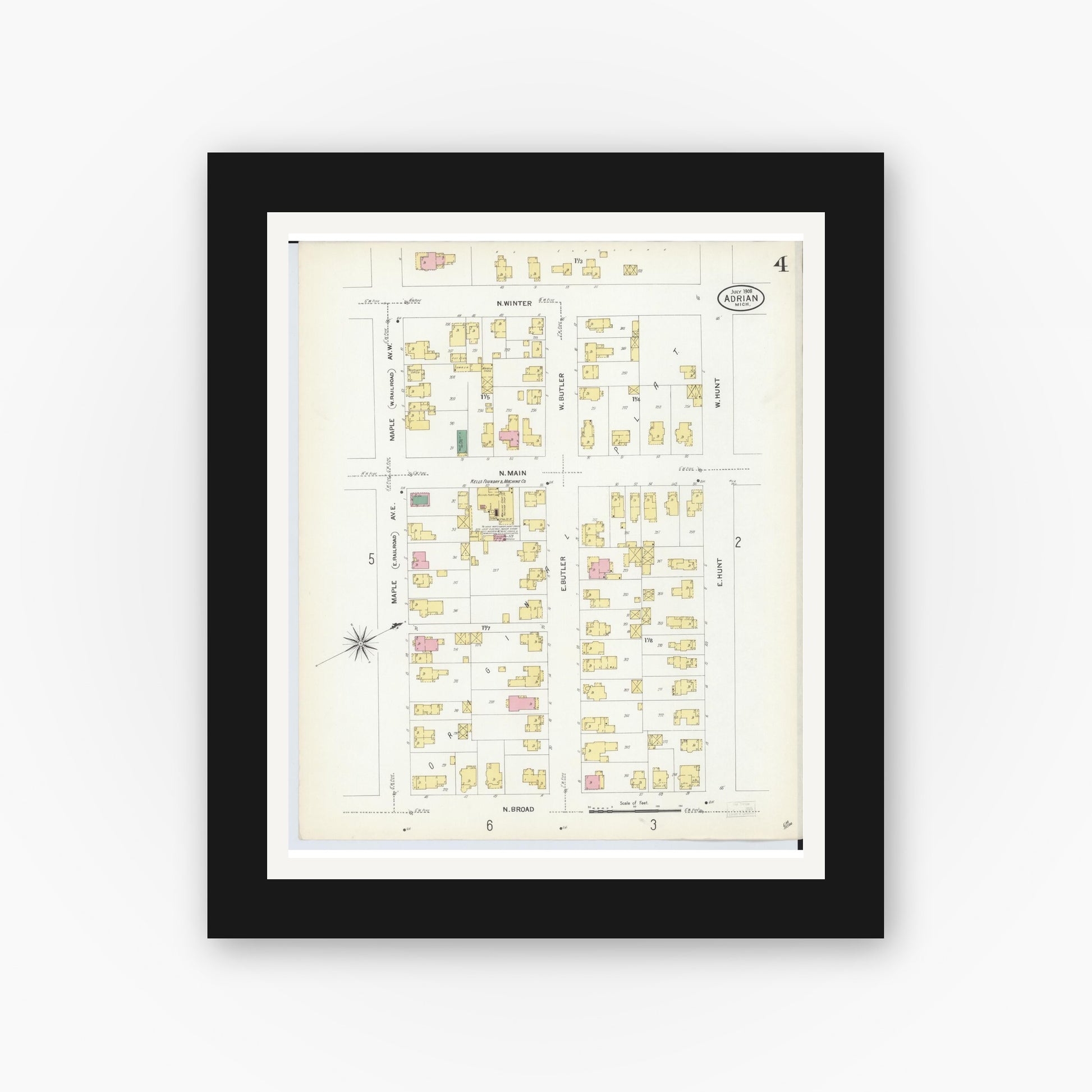 Old map wall art mockup — black gallery frame with white mat — Sanborn Fire Insurance Map from Adrian, Lenawee County, Michigan (1908), Sheet #0004