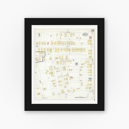 Old map wall art mockup — black gallery frame with white mat — Sanborn Fire Insurance Map from Woodbury, Gloucester County, New Jersey (1908), Sheet #0012