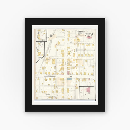 Old map wall art mockup — black gallery frame with white mat — Sanborn Fire Insurance Map from Caldwell, Noble County, Ohio (1932), Sheet #0009