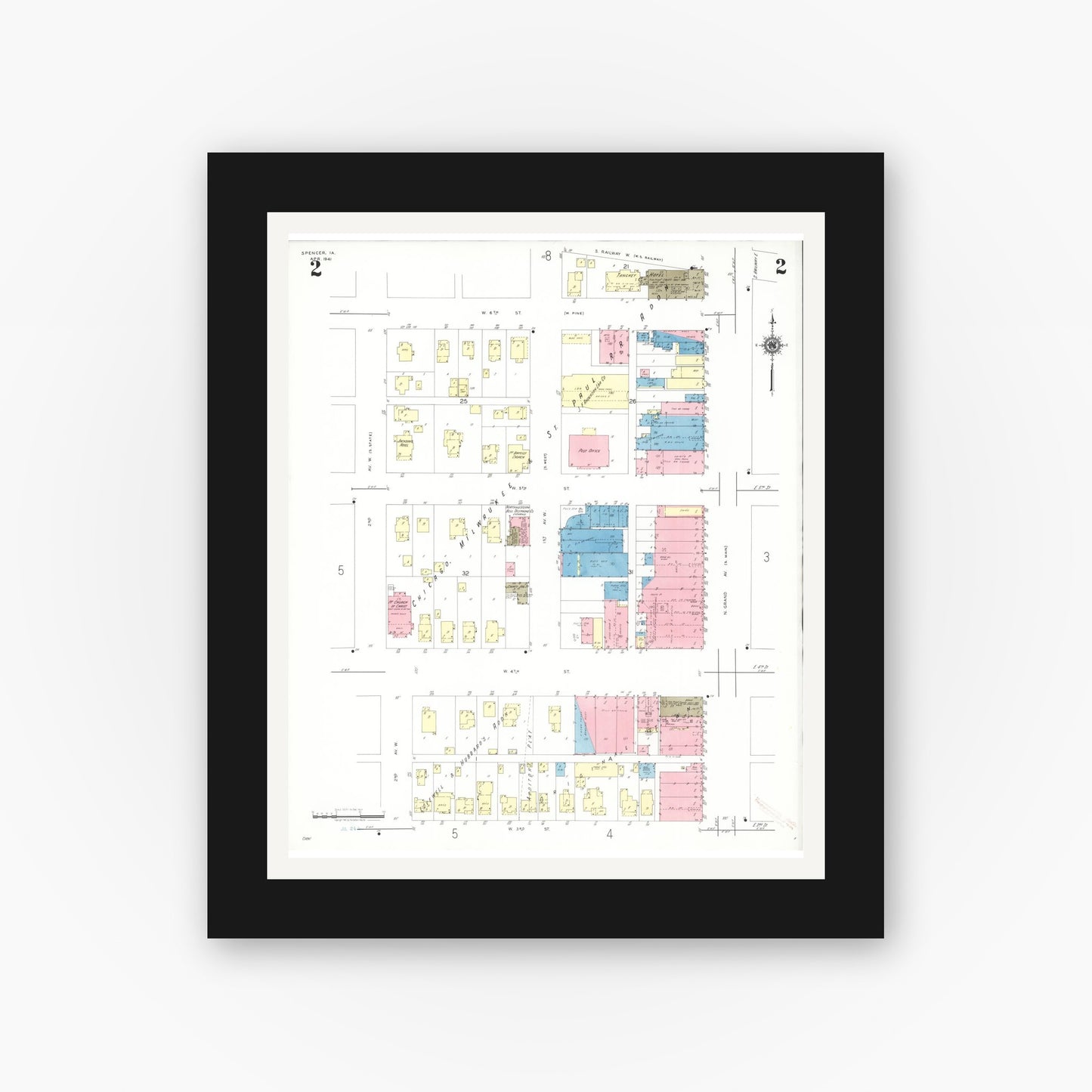 Old map wall art mockup — black gallery frame with white mat — Sanborn Fire Insurance Map from Spencer, Clay County, Iowa (1941), Sheet #0002