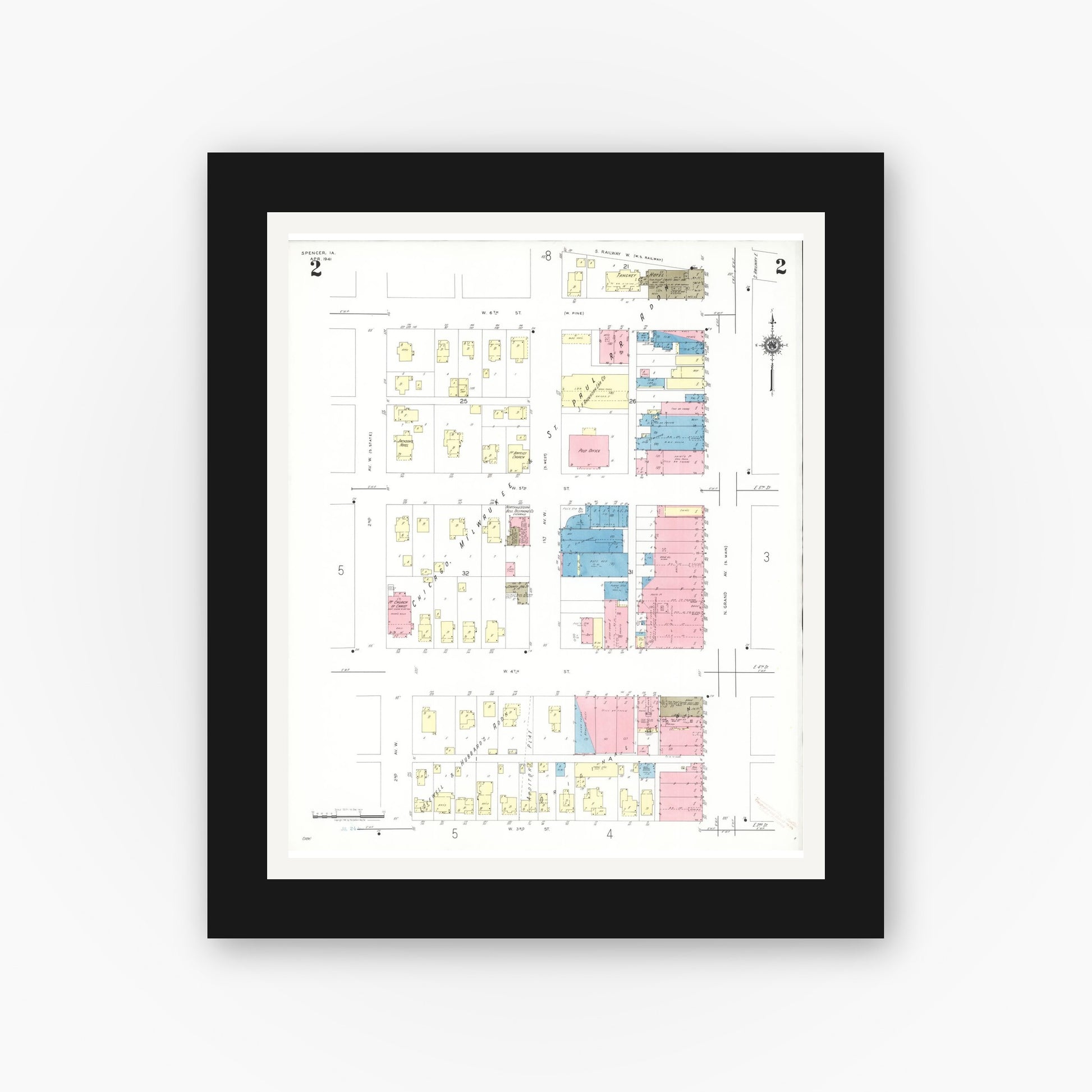 Old map wall art mockup — black gallery frame with white mat — Sanborn Fire Insurance Map from Spencer, Clay County, Iowa (1941), Sheet #0002