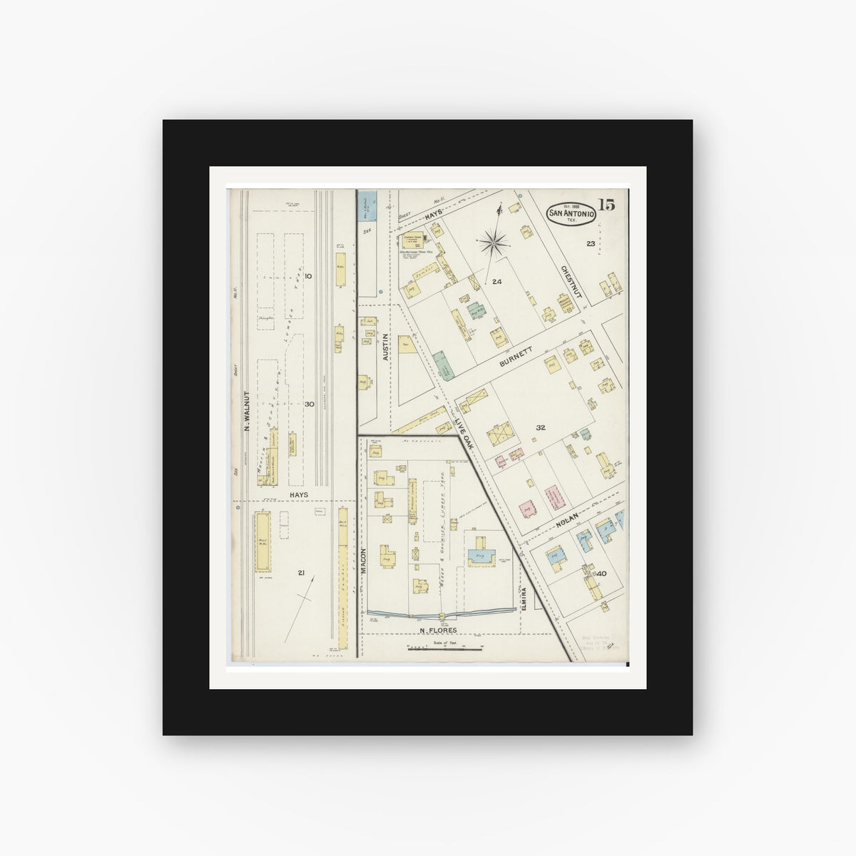 Old map wall art mockup — black gallery frame with white mat — Sanborn Fire Insurance Map from San Antonio, Bexar County, Texas (1888), Sheet #0015