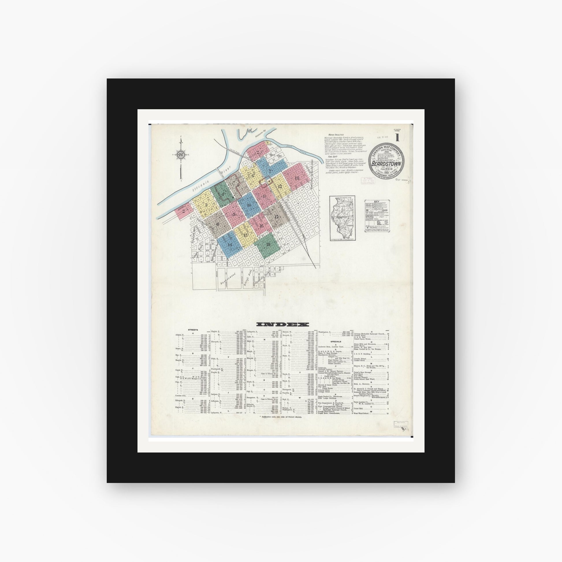 Old map wall art mockup — black gallery frame with white mat — Sanborn Fire Insurance Map from Beardstown, Cass County, Illinois (1913) - Complete Map Set
