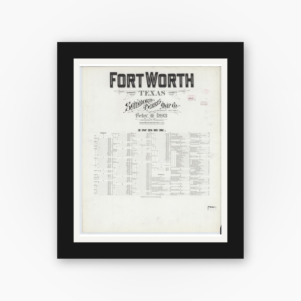 Old map wall art mockup — black gallery frame with white mat — Sanborn Fire Insurance Map from Fort Worth, Tarrant County, Texas (1893), Sheet #0001
