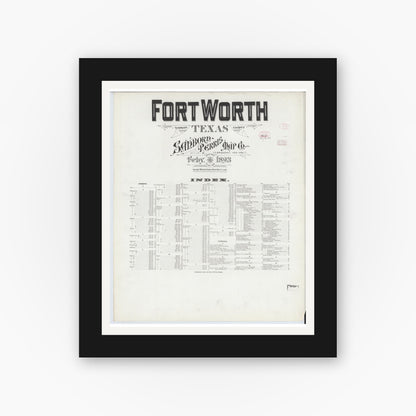 Old map wall art mockup — black gallery frame with white mat — Sanborn Fire Insurance Map from Fort Worth, Tarrant County, Texas (1893), Sheet #0001