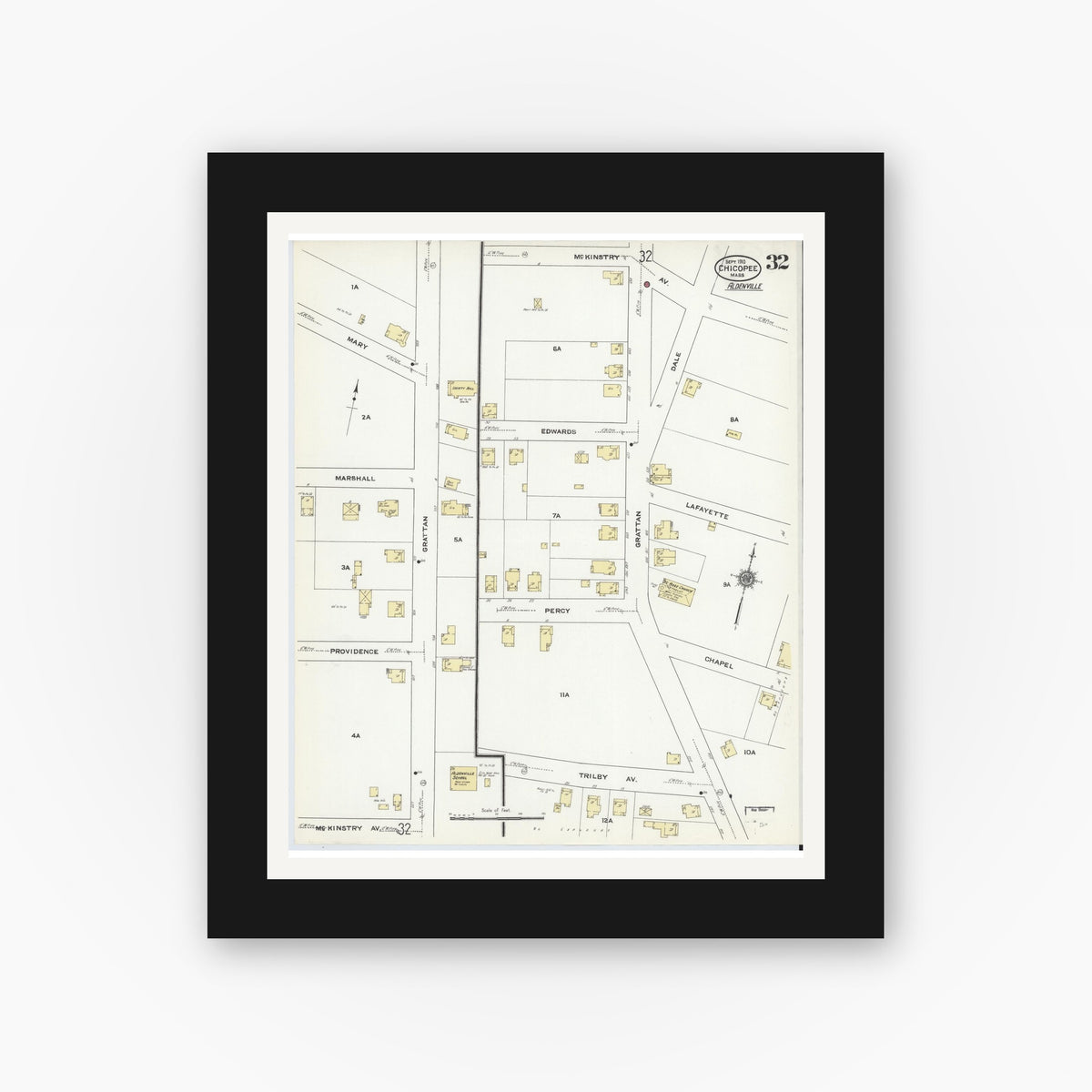 Old map wall art mockup — black gallery frame with white mat — Sanborn Fire Insurance Map from Chicopee, Hampden County, Massachusetts (1910), Sheet #0032