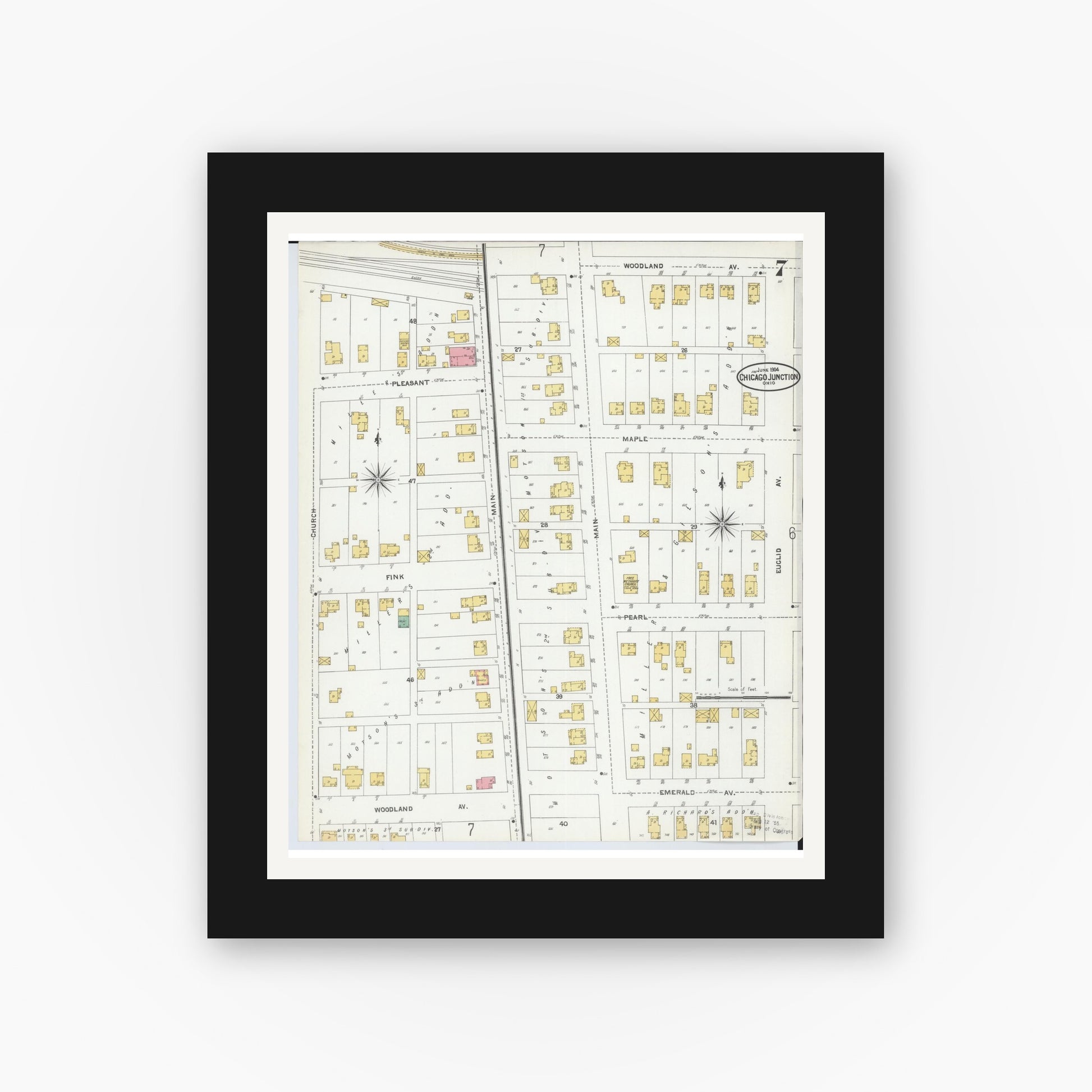 Old map wall art mockup — black gallery frame with white mat — Sanborn Fire Insurance Map from Chicago Junction, Huron County, Ohio (1904), Sheet #0007