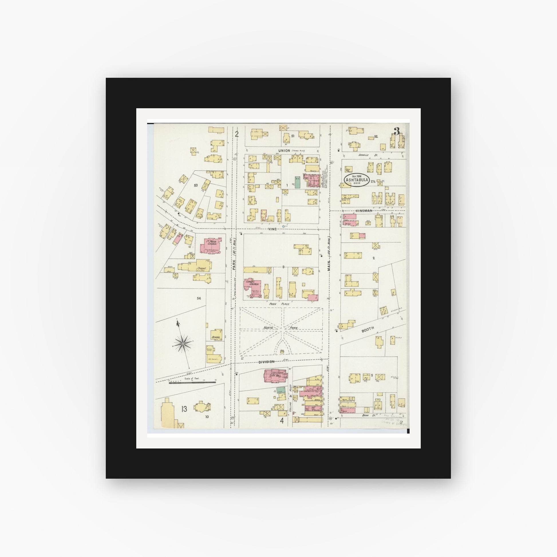 Old map wall art mockup — black gallery frame with white mat — Sanborn Fire Insurance Map from Ashtabula, Ashtabula County, Ohio (1898), Sheet #0003